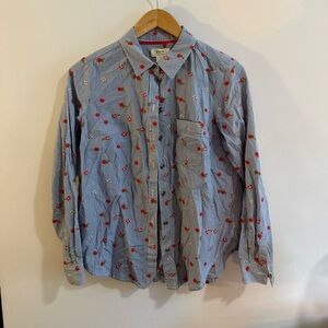 Anthropologie Blue Shirt with Red Floral Accents
